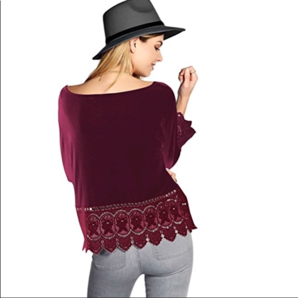 💥 SALE Lace Trim and Cuffs Cropped Scoop Neck Top Burgundy - Picture 2 of 5